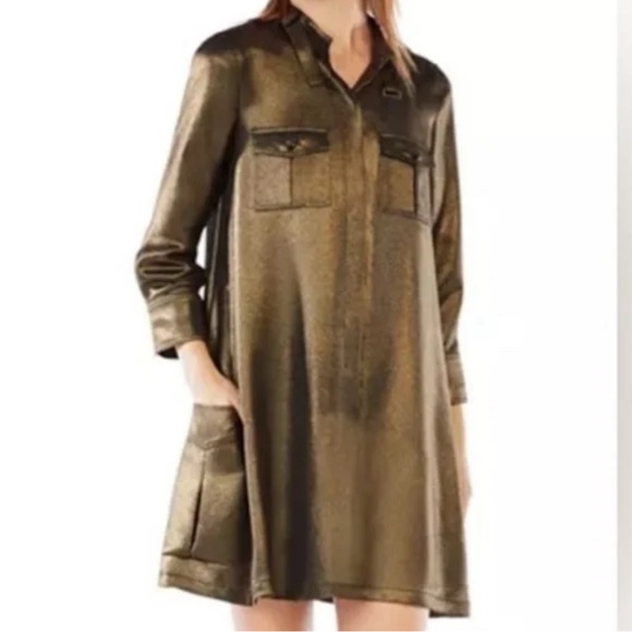 BCBGMAXAZRIA Emilee Metallic Gold Shirt Dress Size Small - Picture 2 of 12